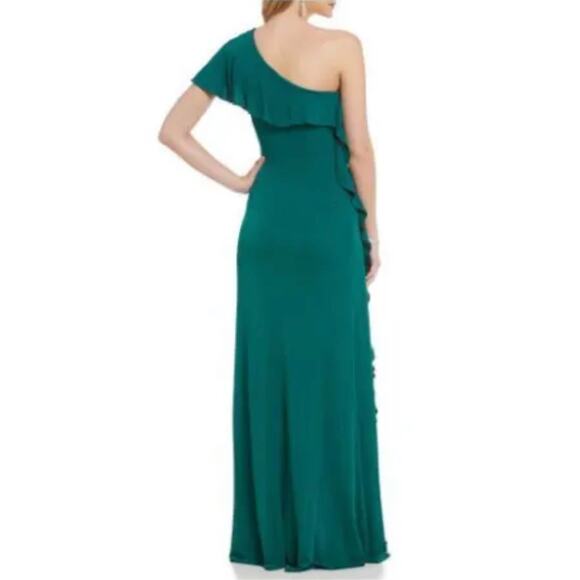 David Meister One Shoulder Ruffle Trim Maxi Dress Size 14 NWT Green - Picture 4 of 11